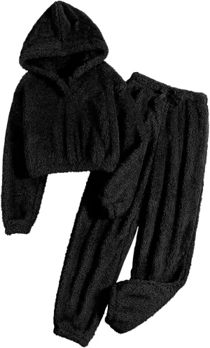 Women's Fluffy Pajamas Set Winter Warm Soft Fleece Hooded Pullover Loose Pants Casual Comfy Sleepwear Loungewear Set