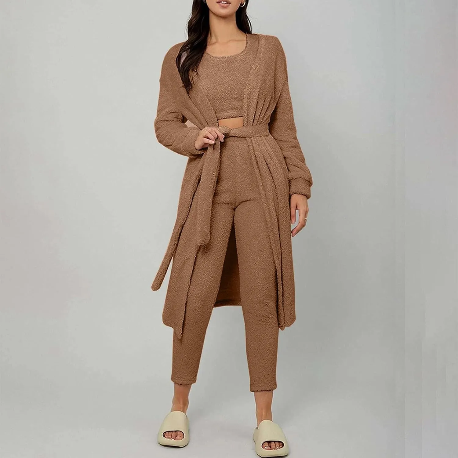 Women's Fuzzy 3 Piece Pjs Set Teddy Loungewear Open Front Cardigan and Crop Tank Tops with Pants Soft Lounge Sets