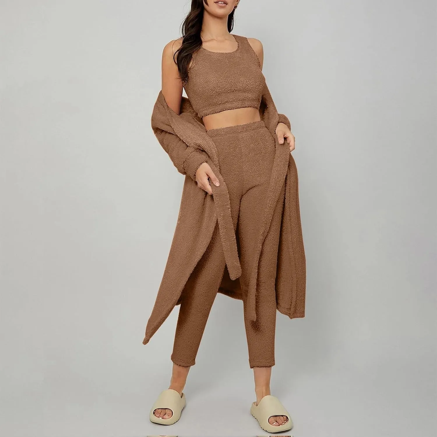 Women's Fuzzy 3 Piece Pjs Set Teddy Loungewear Open Front Cardigan and Crop Tank Tops with Pants Soft Lounge Sets