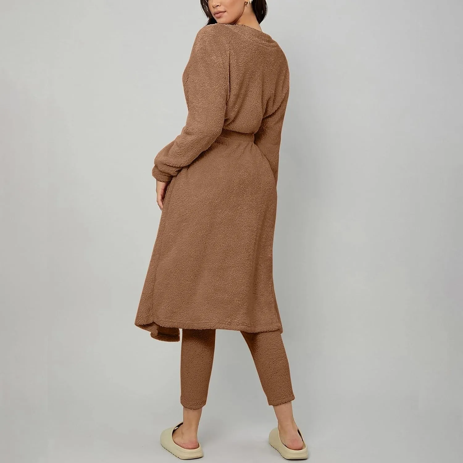 Women's Fuzzy 3 Piece Pjs Set Teddy Loungewear Open Front Cardigan and Crop Tank Tops with Pants Soft Lounge Sets