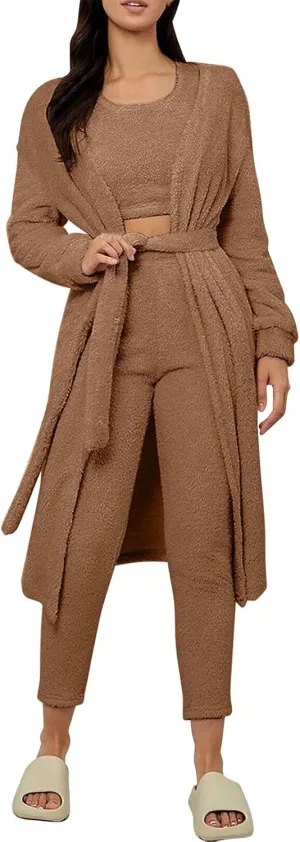 Women's Fuzzy 3 Piece Pjs Set Teddy Loungewear Open Front Cardigan and Crop Tank Tops with Pants Soft Lounge Sets