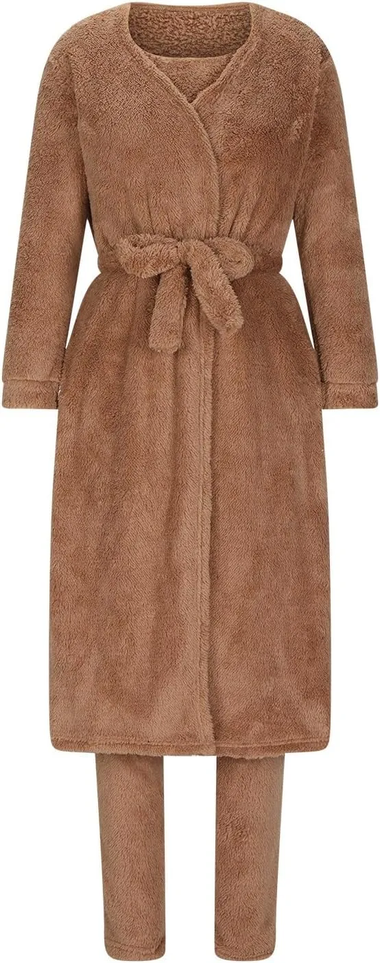 Women's Fuzzy 3 Piece Pjs Set Teddy Loungewear Open Front Cardigan and Crop Tank Tops with Pants Soft Lounge Sets