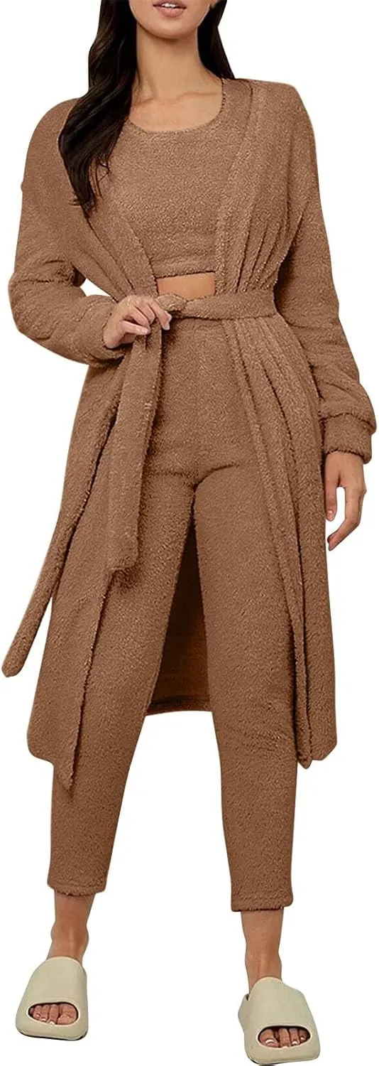 Women's Fuzzy 3 Piece Pjs Set Teddy Loungewear Open Front Cardigan and Crop Tank Tops with Pants Soft Lounge Sets