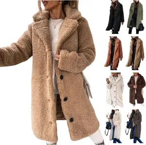 Womens Fuzzy Fleece Winter Coat Lapel Open Front Long Cardigan Coats Faux Fur Warm Outwear Sherpa Jackets with Pockets