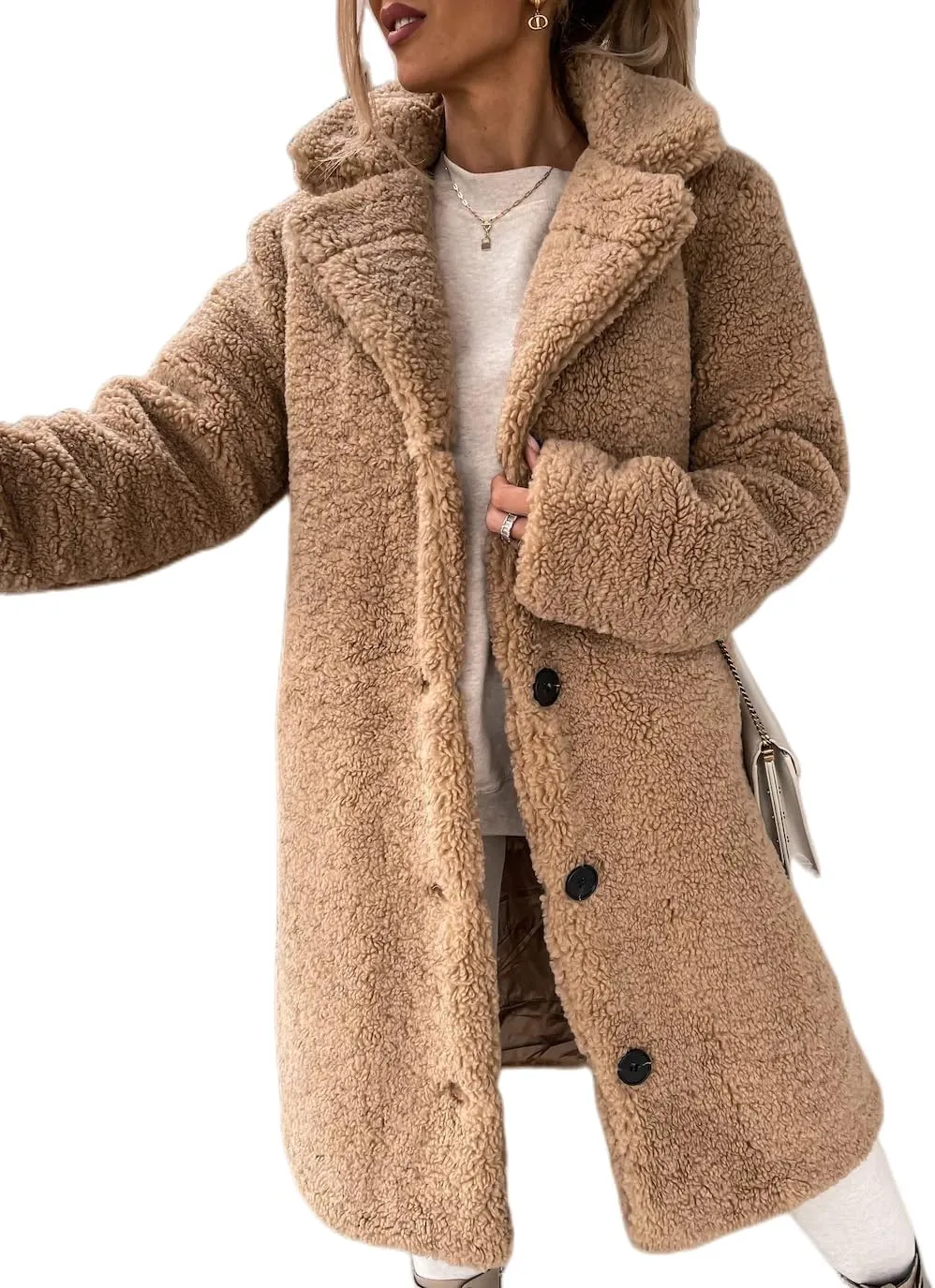 Womens Fuzzy Fleece Winter Coat Lapel Open Front Long Cardigan Coats Faux Fur Warm Outwear Sherpa Jackets with Pockets