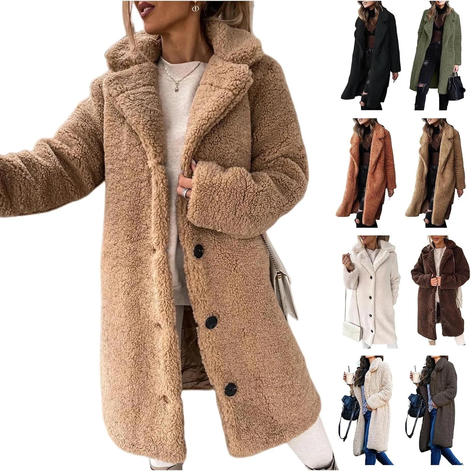 Womens Fuzzy Fleece Winter Coat Lapel Open Front Long Cardigan Coats Faux Fur Warm Outwear Sherpa Jackets with Pockets