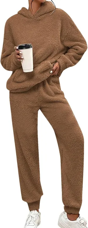 Womens Fuzzy Sherpa Fleece Pajamas Set Fluffy Hoodie Pajama Pants Casual Sweatsuit Sets Outfits