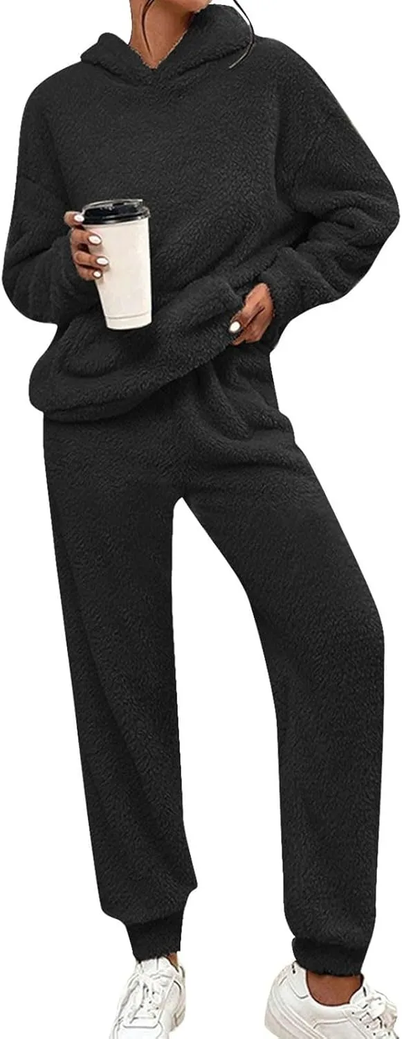 Womens Fuzzy Sherpa Fleece Pajamas Set Fluffy Hoodie Pajama Pants Casual Sweatsuit Sets Outfits