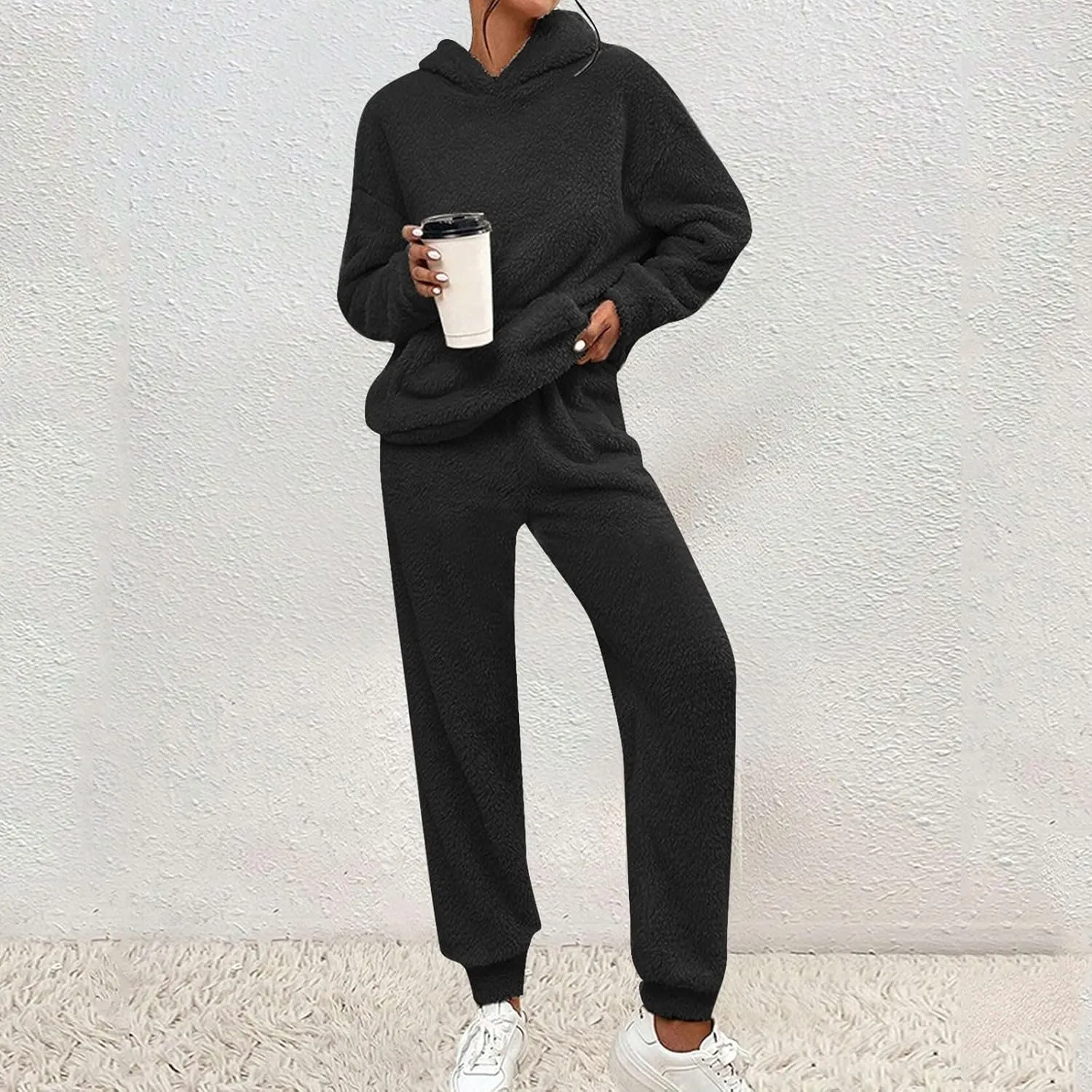 Womens Fuzzy Sherpa Fleece Pajamas Set Fluffy Hoodie Pajama Pants Casual Sweatsuit Sets Outfits