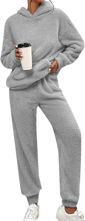 Womens Fuzzy Sherpa Fleece Pajamas Set Fluffy Hoodie Pajama Pants Casual Sweatsuit Sets Outfits