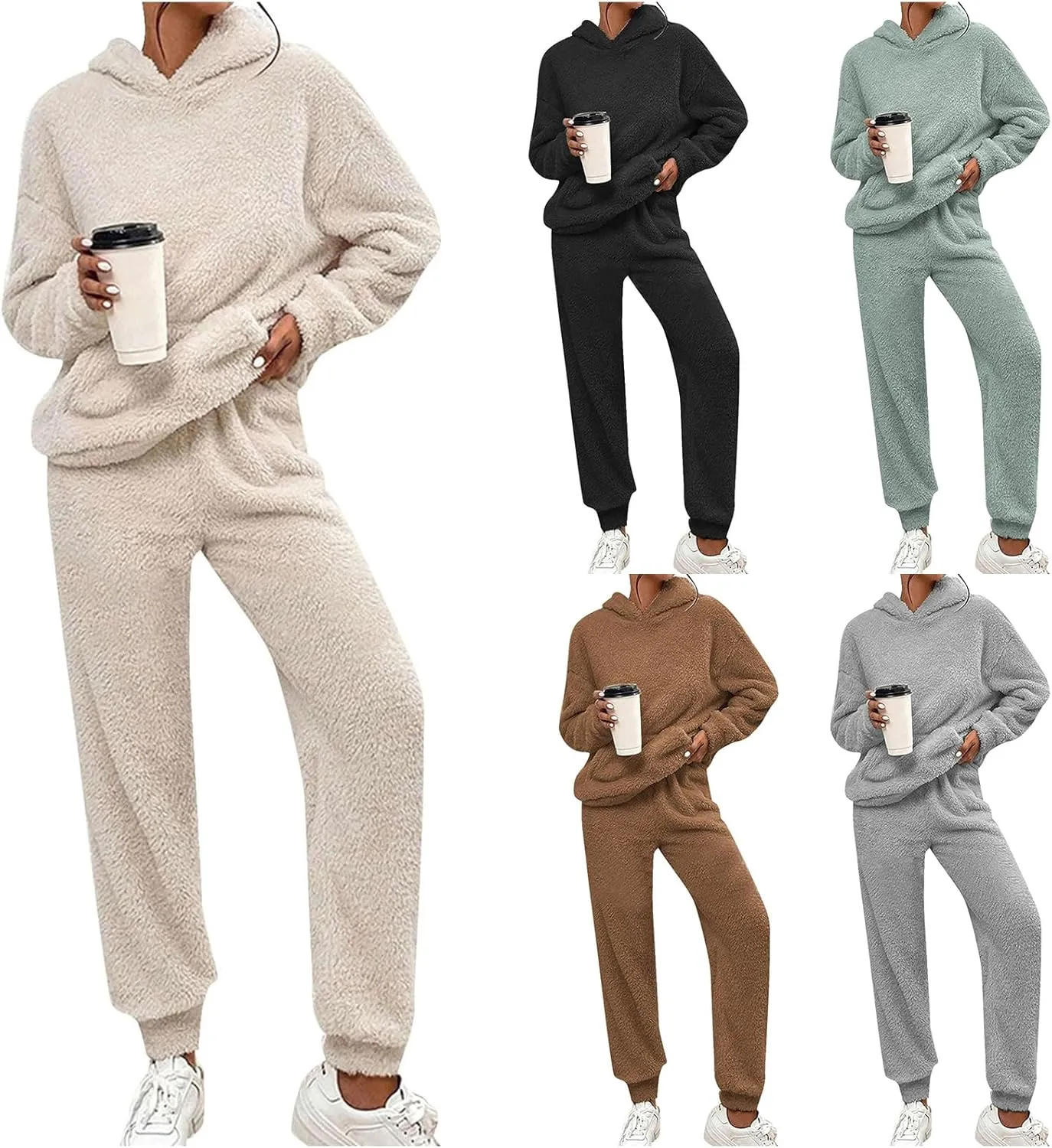 Womens Fuzzy Sherpa Fleece Pajamas Set Fluffy Hoodie Pajama Pants Casual Sweatsuit Sets Outfits