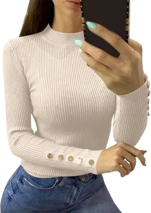 Womens Going Out Tops Long Sleeve Turtle Neck Ribbed Sweaters Trendy Winter Button Sexy Tops Fall Classic Cute Clothes