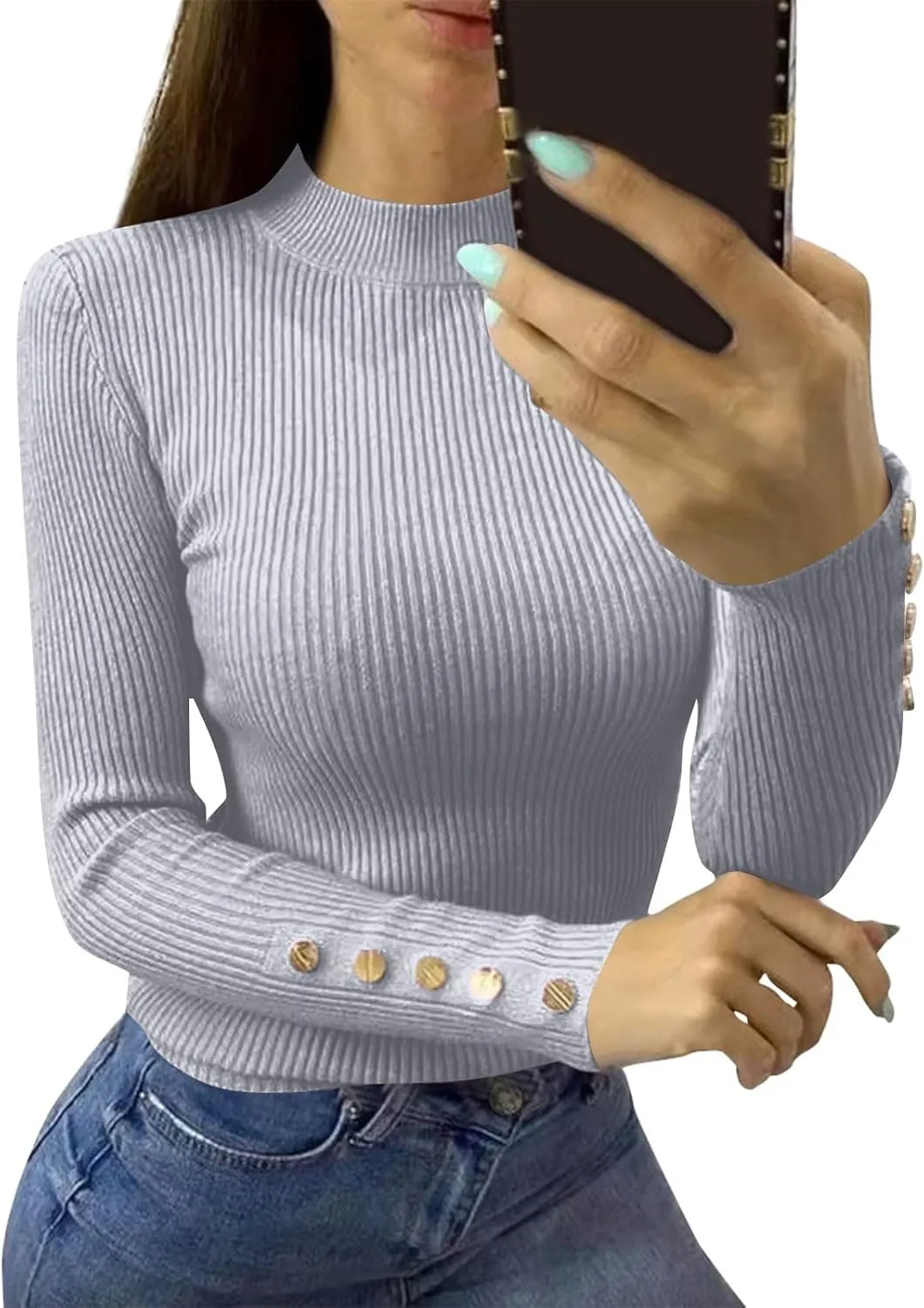 Womens Going Out Tops Long Sleeve Turtle Neck Ribbed Sweaters Trendy Winter Button Sexy Tops Fall Classic Cute Clothes