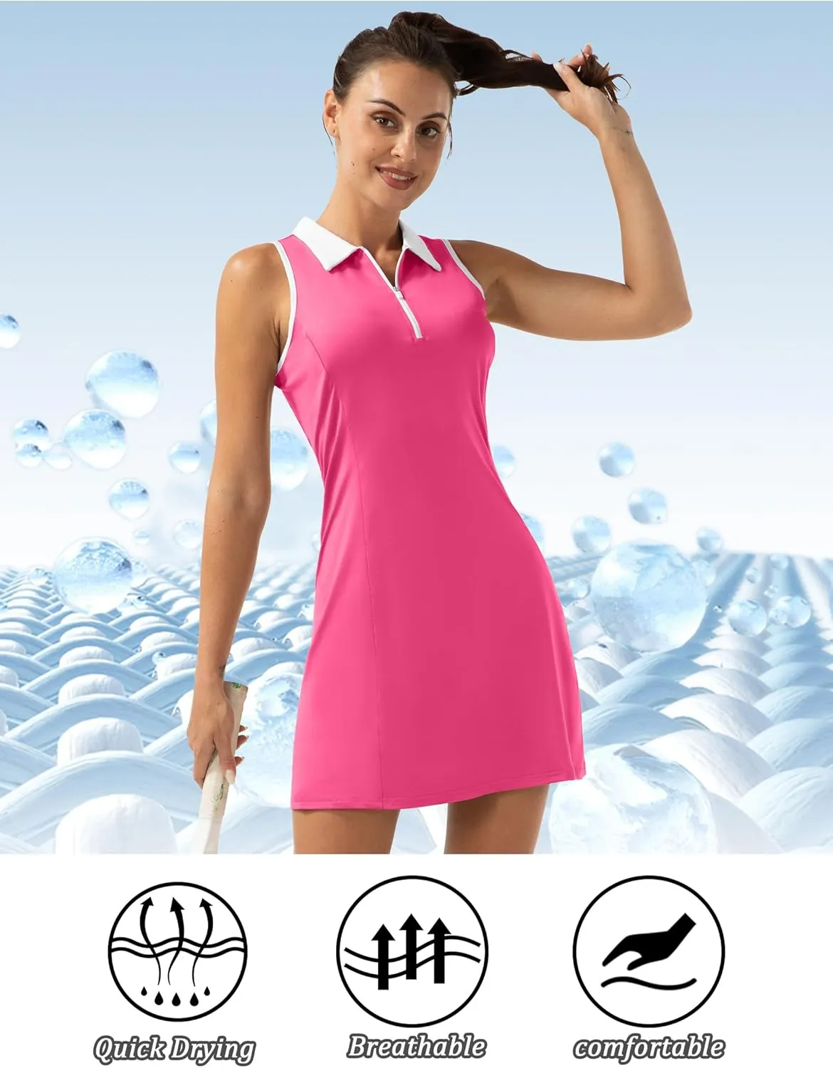 Women's Golf Tennis Dress Sport Activewear Zipper V-Neck with Shorts and Pocket Workout Athletic