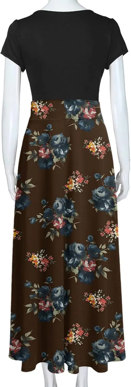 Womens Hawaiian Shirt Maxi Long Dresses Floral Dresses for Women Short Sleeve Crew Neck Beach Dresses 2024