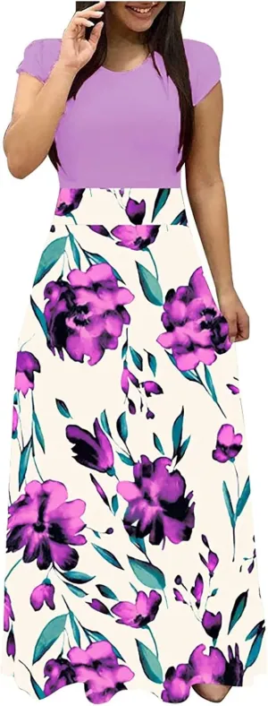 Womens Hawaiian Shirt Maxi Long Dresses Floral Dresses for Women Short Sleeve Crew Neck Beach Dresses 2024
