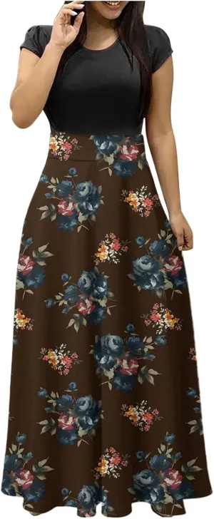 Womens Hawaiian Shirt Maxi Long Dresses Floral Dresses for Women Short Sleeve Crew Neck Beach Dresses 2024