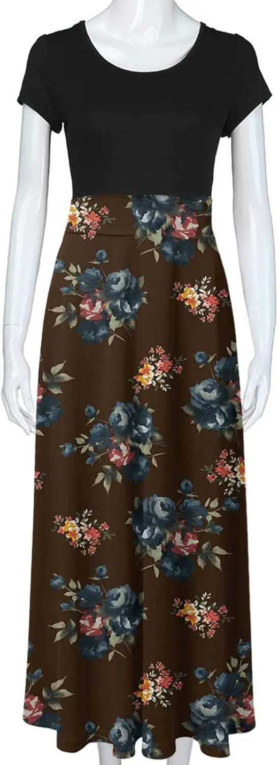 Womens Hawaiian Shirt Maxi Long Dresses Floral Dresses for Women Short Sleeve Crew Neck Beach Dresses 2024