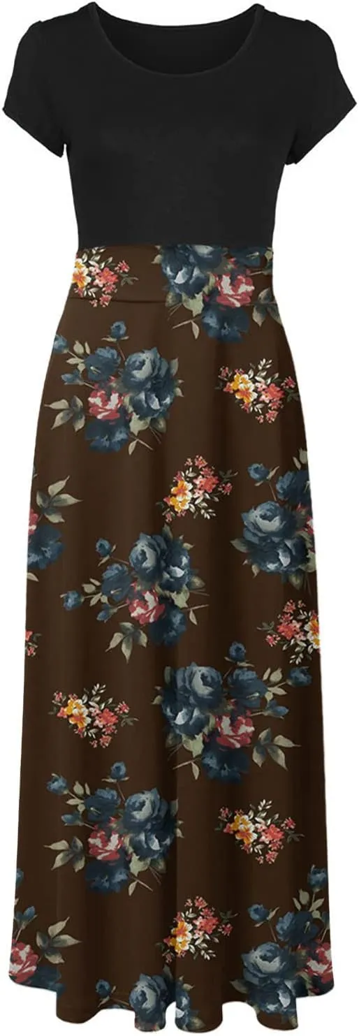 Womens Hawaiian Shirt Maxi Long Dresses Floral Dresses for Women Short Sleeve Crew Neck Beach Dresses 2024