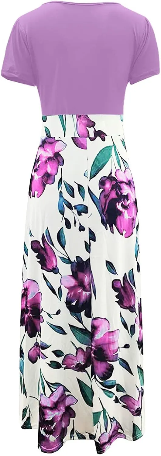 Womens Hawaiian Shirt Maxi Long Dresses Floral Dresses for Women Short Sleeve Crew Neck Beach Dresses 2024
