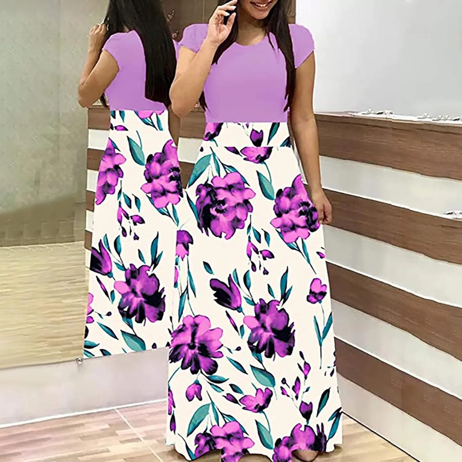 Womens Hawaiian Shirt Maxi Long Dresses Floral Dresses for Women Short Sleeve Crew Neck Beach Dresses 2024