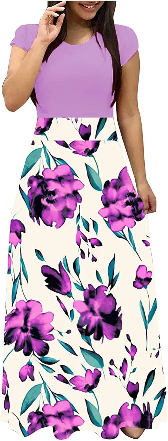 Womens Hawaiian Shirt Maxi Long Dresses Floral Dresses for Women Short Sleeve Crew Neck Beach Dresses 2024