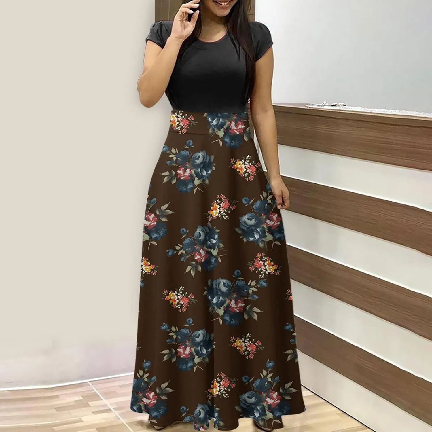 Womens Hawaiian Shirt Maxi Long Dresses Floral Dresses for Women Short Sleeve Crew Neck Beach Dresses 2024