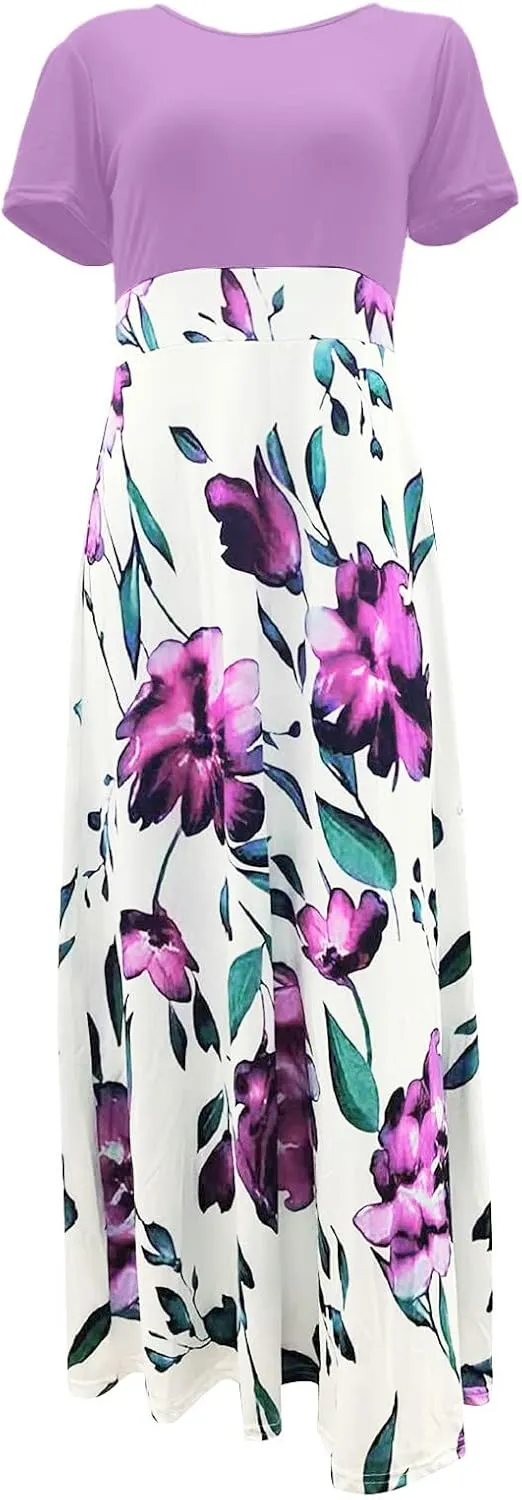 Womens Hawaiian Shirt Maxi Long Dresses Floral Dresses for Women Short Sleeve Crew Neck Beach Dresses 2024