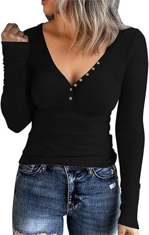 Womens Henley Shirts Casual Button Down Blouses Long Sleeve V Neck T Shirts Slim Fit Summer Tops Basic Tunic Tops