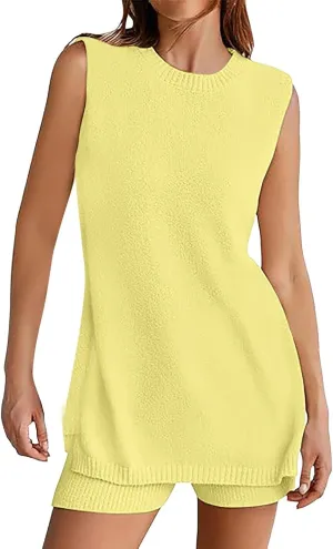 Womens Knit Pajamas Sets 2 Piece Outfits Casual Sleeveless Sweater Tank Top Shorts Loungewear Lounge Sets