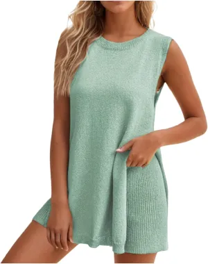 Womens Knit Pajamas Sets 2 Piece Outfits Casual Sleeveless Sweater Tank Top Shorts Loungewear Lounge Sets