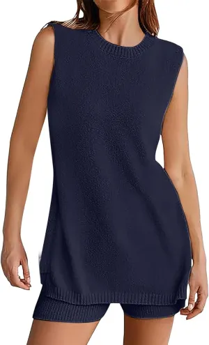 Womens Knit Pajamas Sets 2 Piece Outfits Casual Sleeveless Sweater Tank Top Shorts Loungewear Lounge Sets