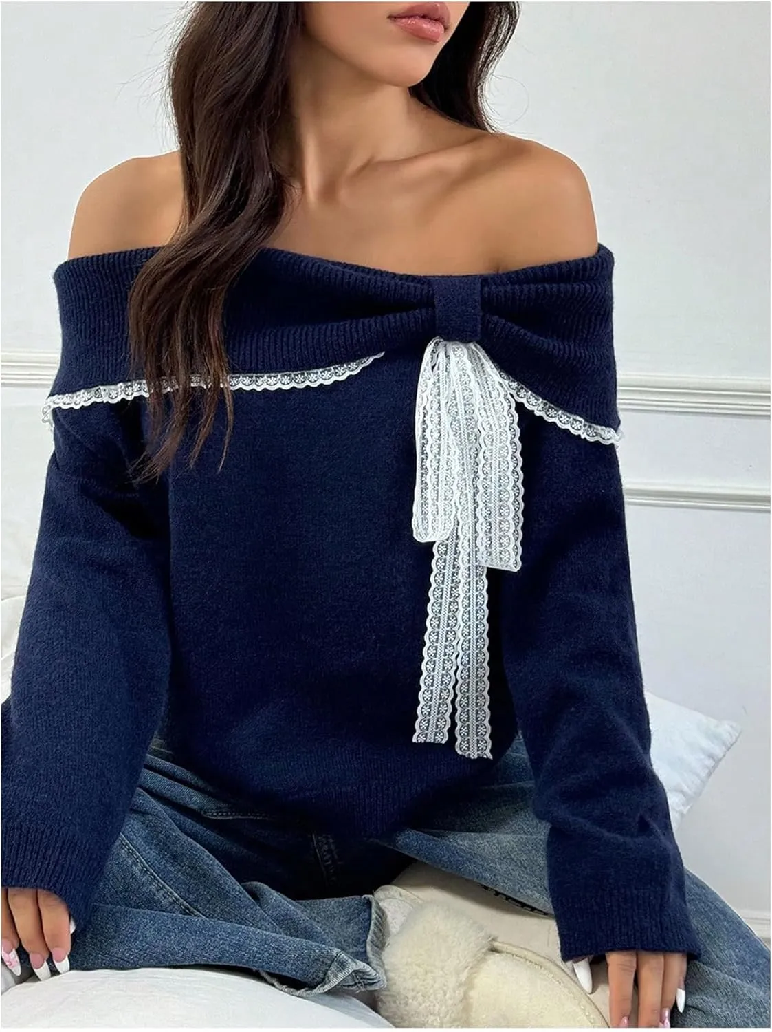 Women's Lace Bowknot Off Shoulder Sweaters Long Sleeve Elegant Knit Pullover Tops