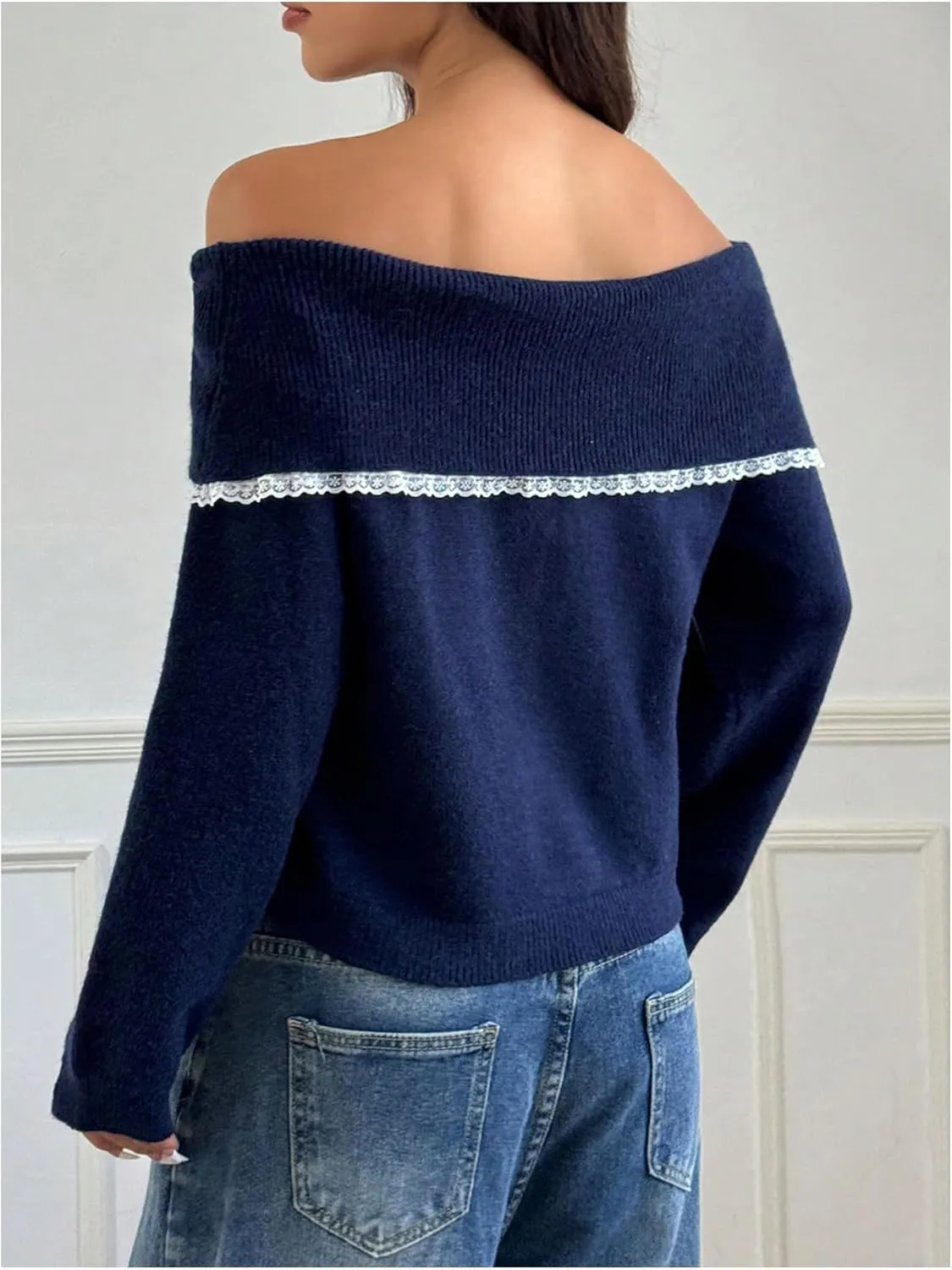 Women's Lace Bowknot Off Shoulder Sweaters Long Sleeve Elegant Knit Pullover Tops