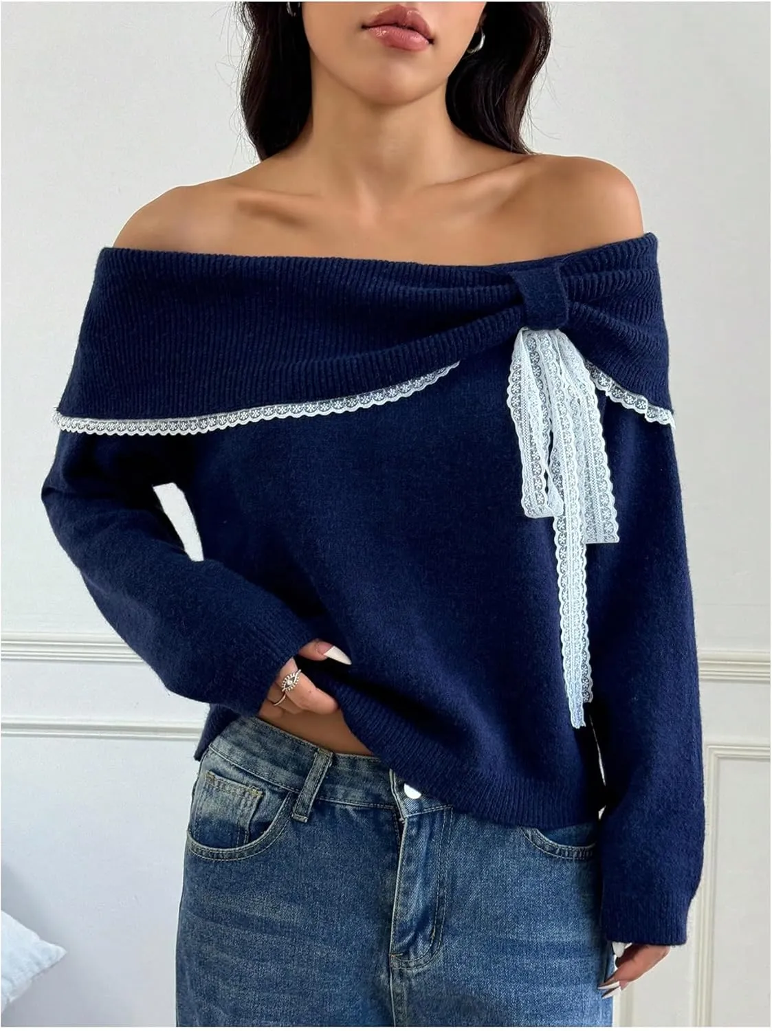 Women's Lace Bowknot Off Shoulder Sweaters Long Sleeve Elegant Knit Pullover Tops