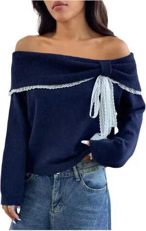 Women's Lace Bowknot Off Shoulder Sweaters Long Sleeve Elegant Knit Pullover Tops
