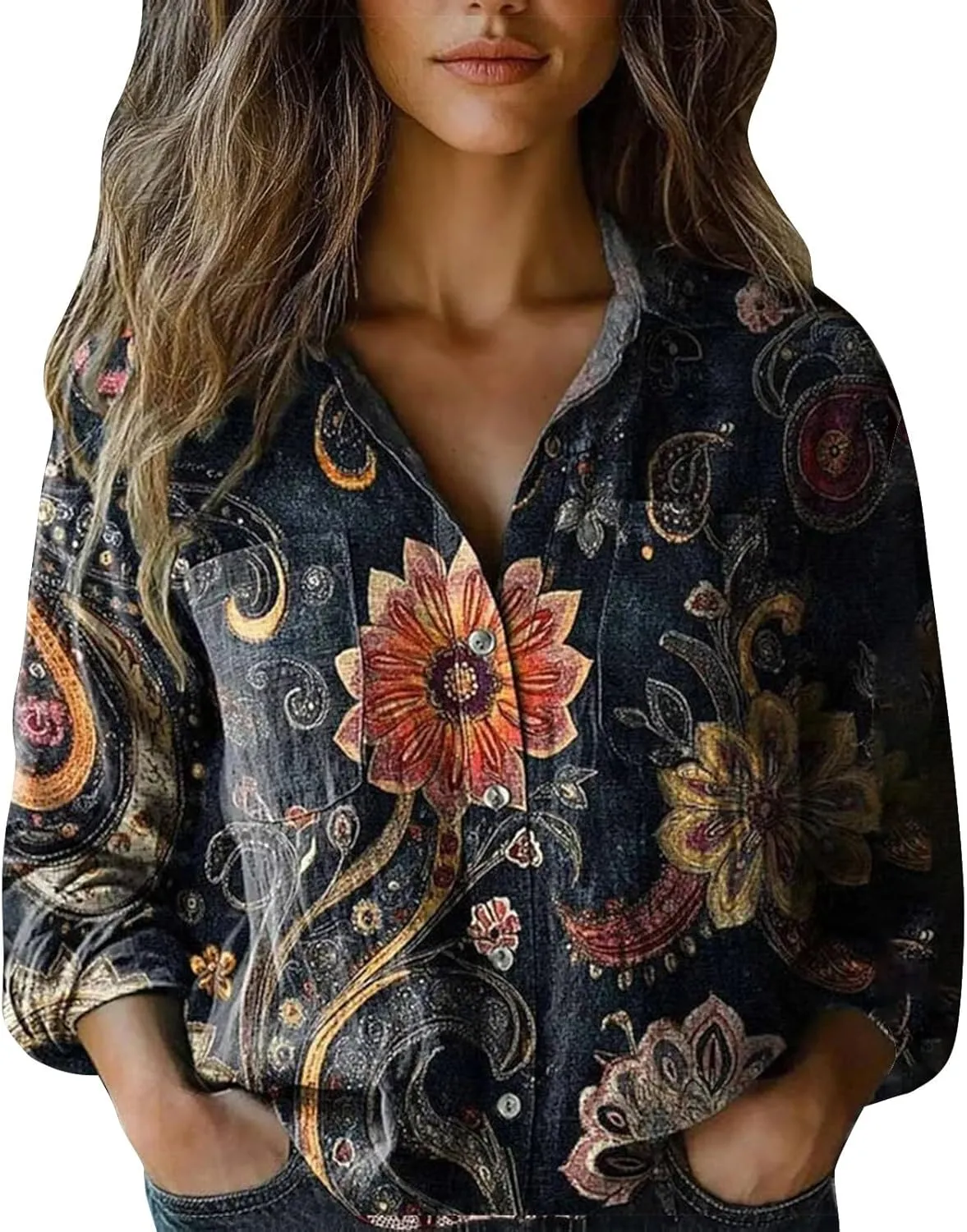 Womens Linen Button Down Shirts Long Sleeve V Neck Boho Floral Graphic Tops Collared Loose Fit Summer Casual Blouses