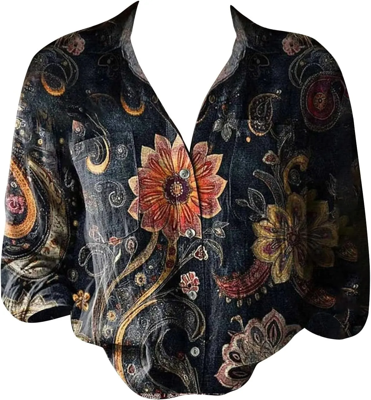 Womens Linen Button Down Shirts Long Sleeve V Neck Boho Floral Graphic Tops Collared Loose Fit Summer Casual Blouses