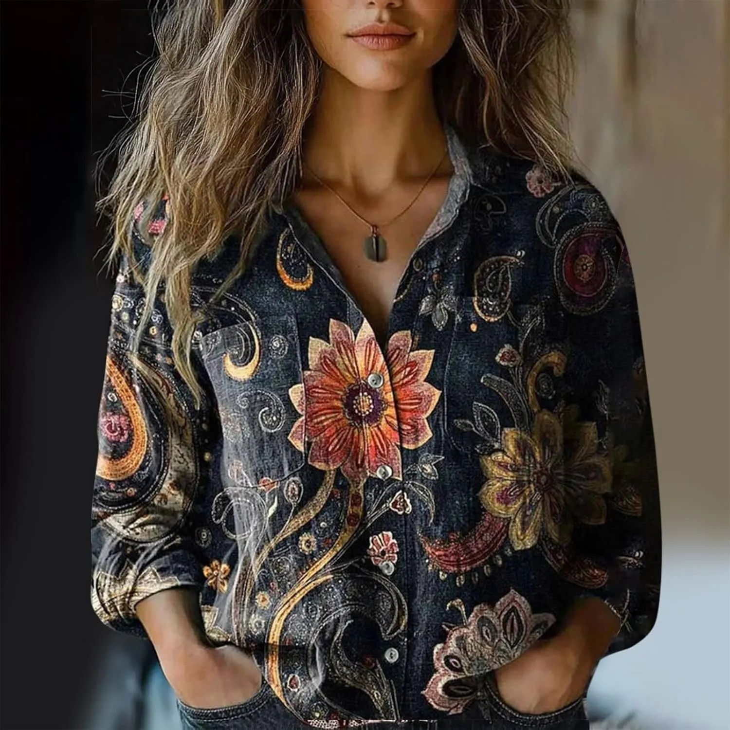 Womens Linen Button Down Shirts Long Sleeve V Neck Boho Floral Graphic Tops Collared Loose Fit Summer Casual Blouses