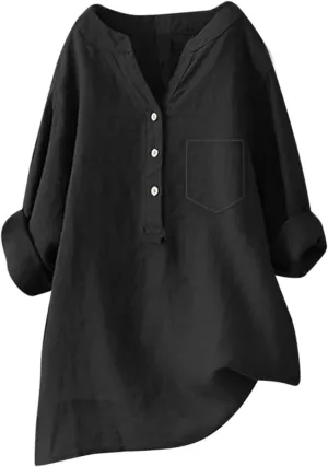 Womens Linen Gauze Shirts 2025 Summer 3/4 Sleeve Button Down Henley Neck Tops Dressy Casual Beach Y2k Blouses Tunics