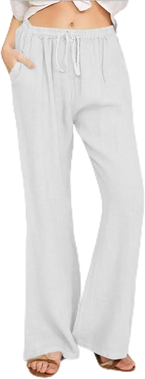 Women's Linen Palazzo Pants Drawstring Summer High Waisted Trousers Casual Loose Wide Leg Dress Pants with Pockets