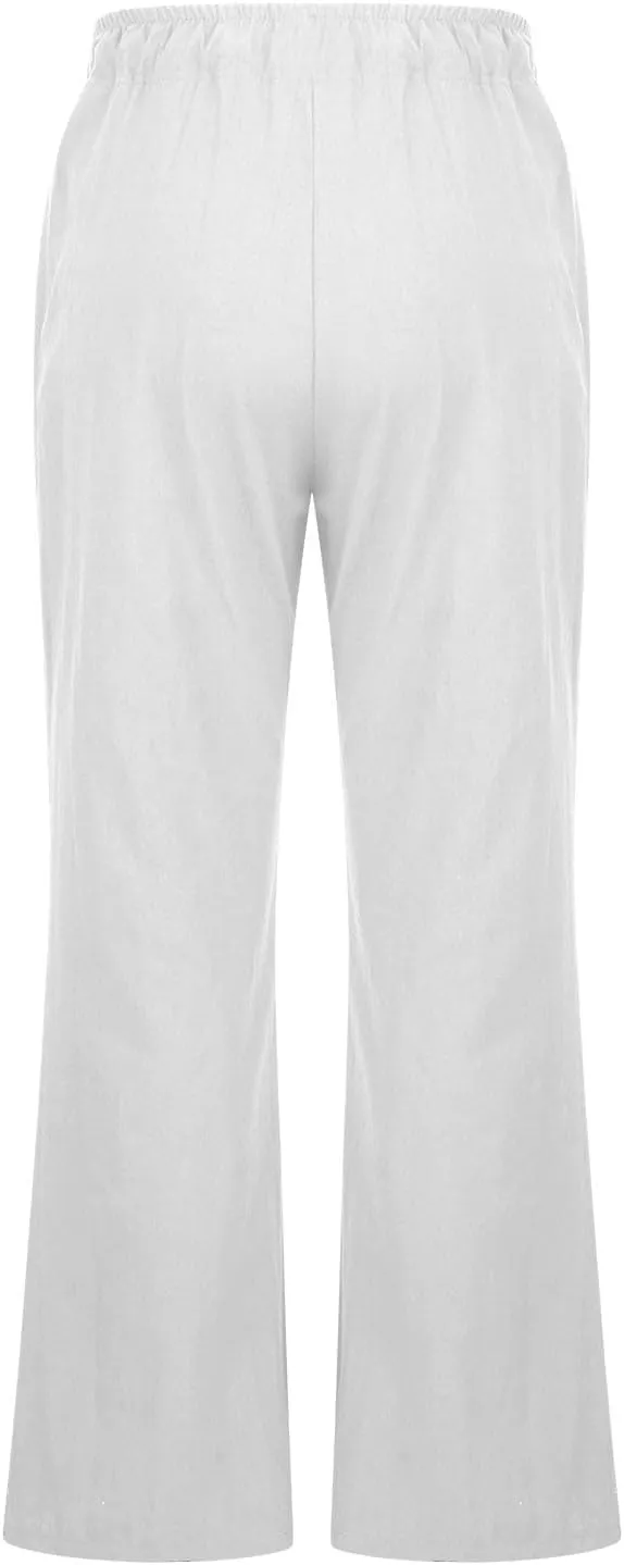 Women's Linen Palazzo Pants Drawstring Summer High Waisted Trousers Casual Loose Wide Leg Dress Pants with Pockets