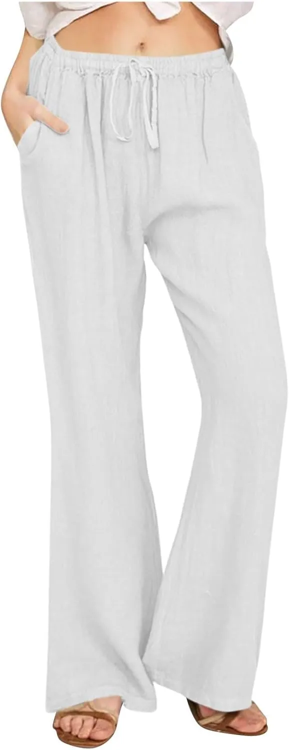 Women's Linen Palazzo Pants Drawstring Summer High Waisted Trousers Casual Loose Wide Leg Dress Pants with Pockets
