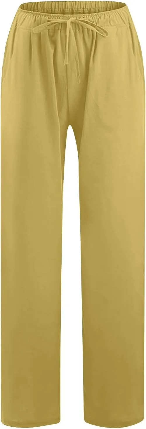 Womens Linen Pants Casual Wide Leg Drawstring Boho Pant High Waisted Summer Beach Trousers Loose Fit Lounge Palazzo