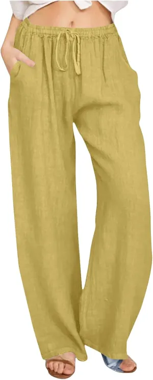 Womens Linen Pants Casual Wide Leg Drawstring Boho Pant High Waisted Summer Beach Trousers Loose Fit Lounge Palazzo