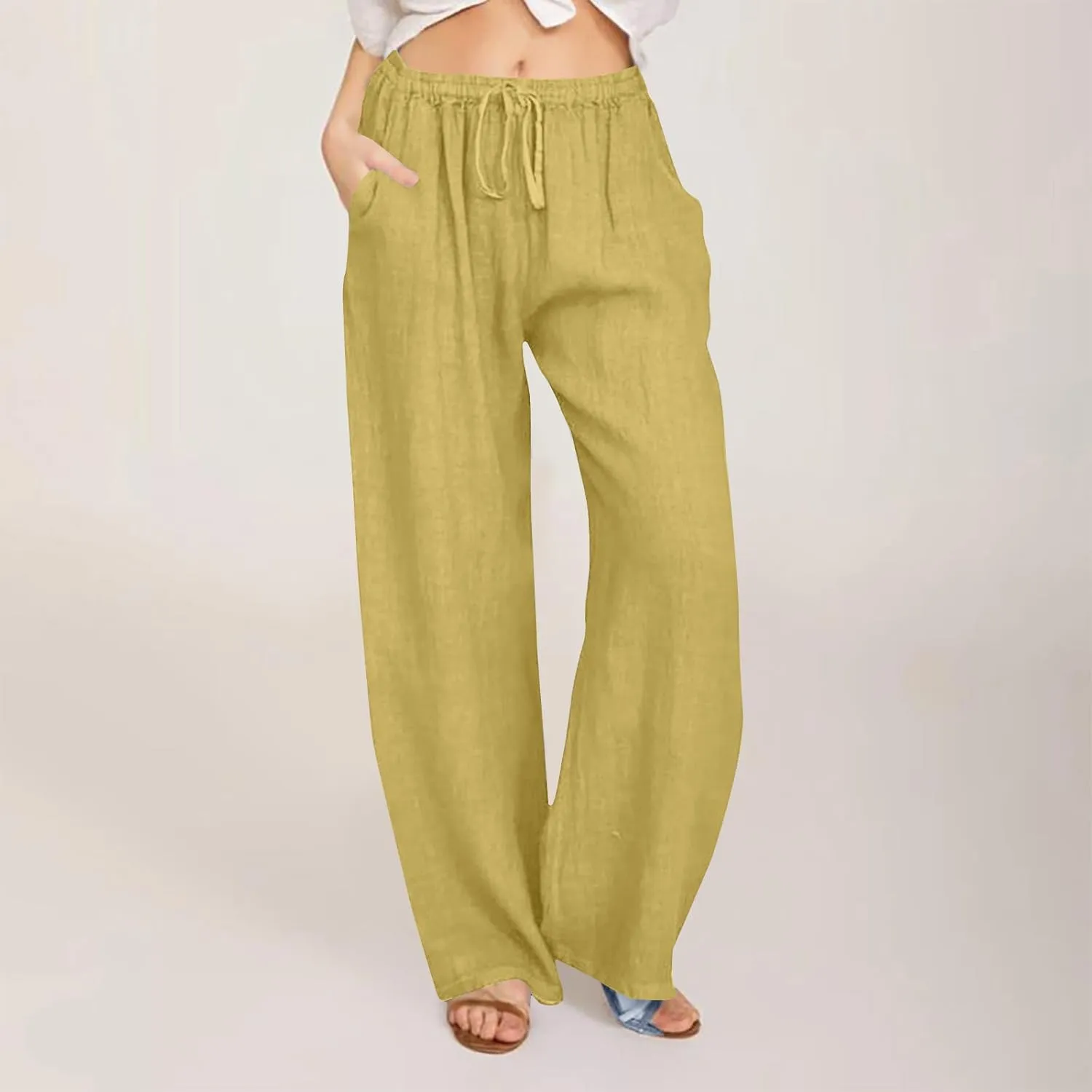 Womens Linen Pants Casual Wide Leg Drawstring Boho Pant High Waisted Summer Beach Trousers Loose Fit Lounge Palazzo