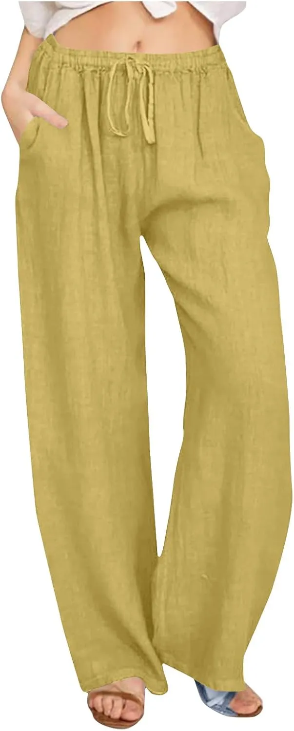 Womens Linen Pants Casual Wide Leg Drawstring Boho Pant High Waisted Summer Beach Trousers Loose Fit Lounge Palazzo