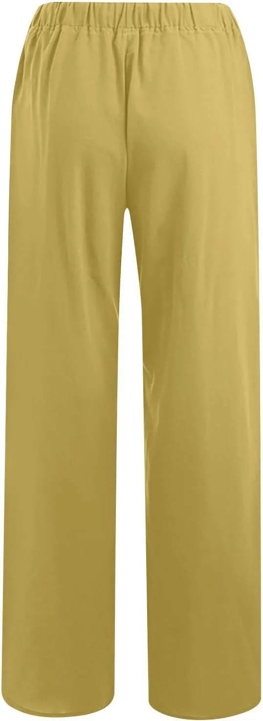 Womens Linen Pants Casual Wide Leg Drawstring Boho Pant High Waisted Summer Beach Trousers Loose Fit Lounge Palazzo