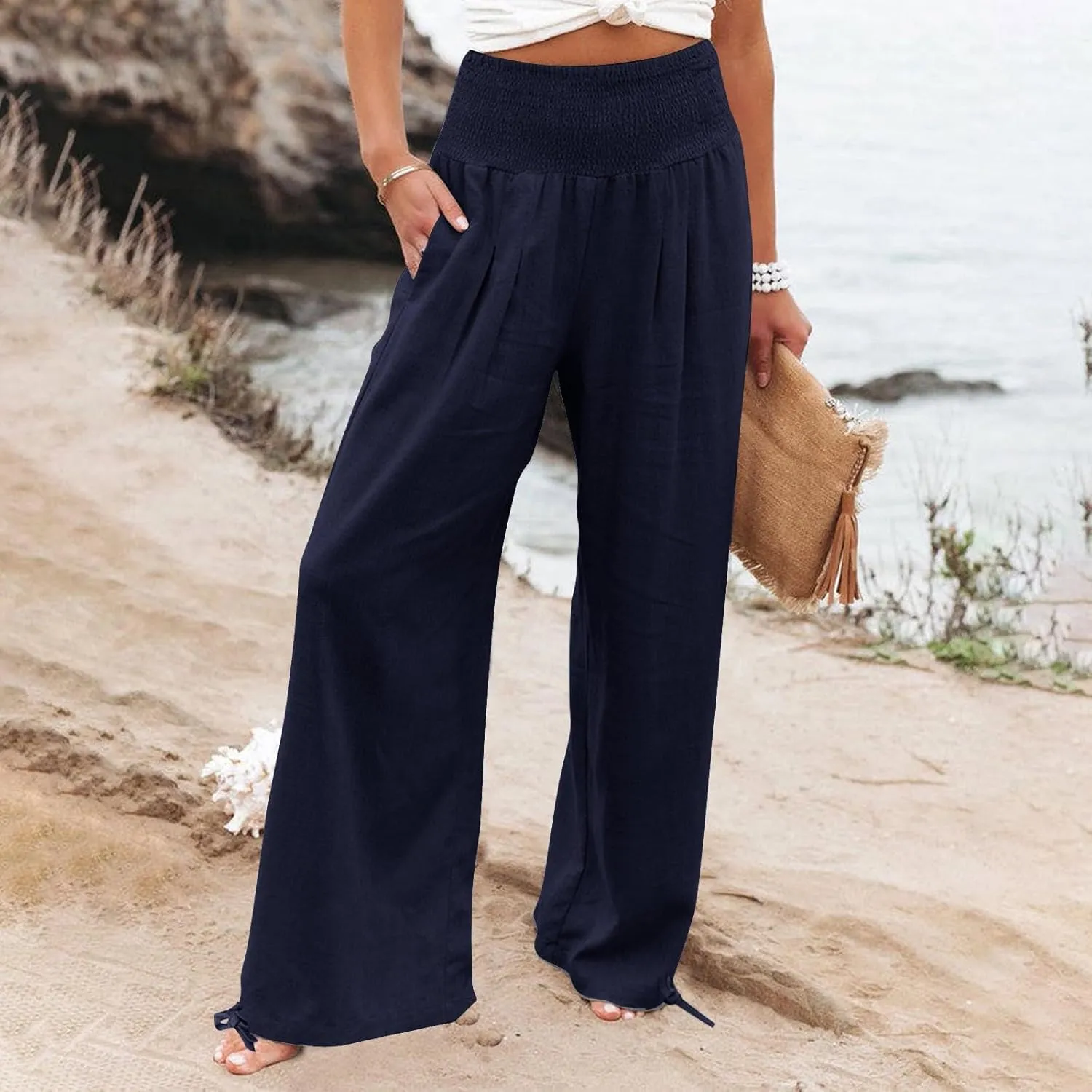 Womens Linen Pants Smocked Waisted Wide Leg Pants Summer Casual Beach Pants Baggy Comfy Yoga Pants with Pockets
