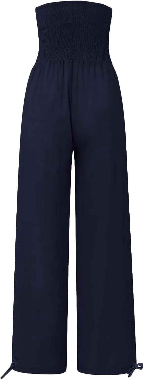 Womens Linen Pants Smocked Waisted Wide Leg Pants Summer Casual Beach Pants Baggy Comfy Yoga Pants with Pockets